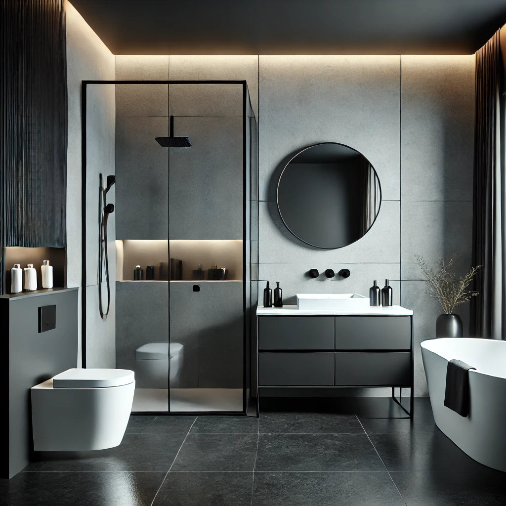 A contemporary bathroom featuring essential fixtures, including a sleek black-framed glass shower, a floating vanity with a round LED mirror, and a freestanding bathtub—all designed for a modern, luxurious aesthetic.