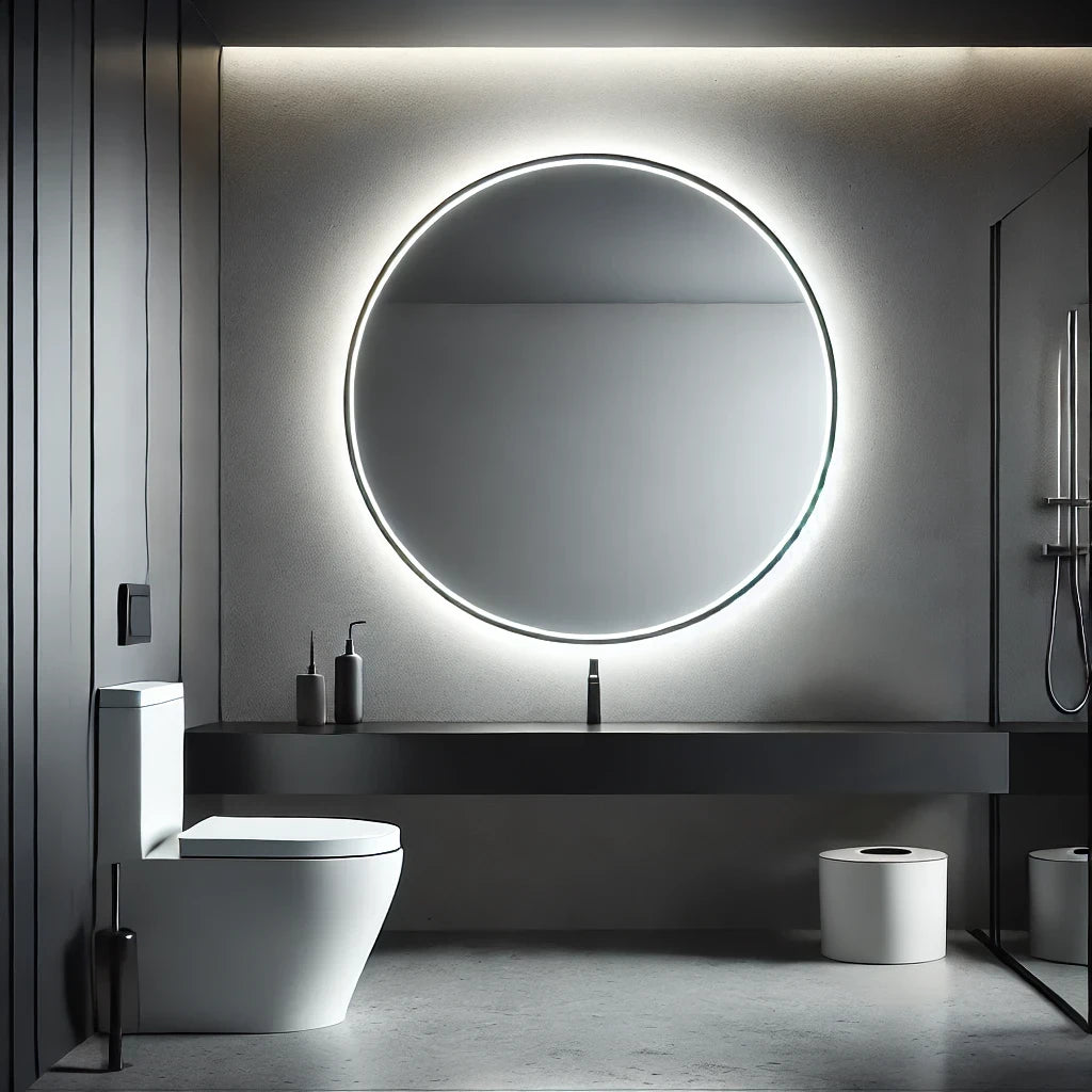 A stylish round LED bathroom mirror with built-in backlighting, enhancing a modern bathroom with a floating black vanity and neutral décor.