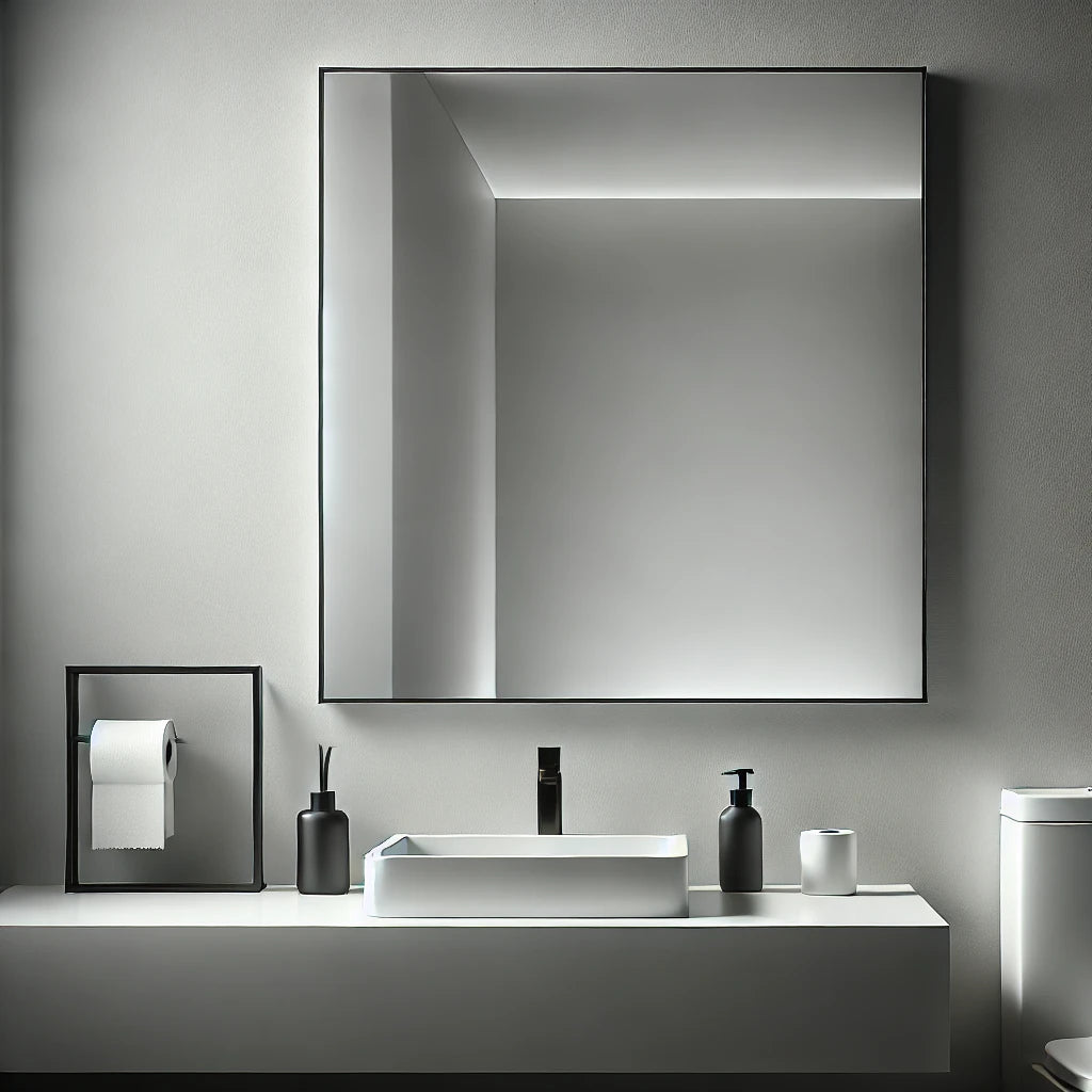 A sleek, frameless square LED bathroom mirror with soft backlighting, mounted on a minimalist grey wall above a modern sink.